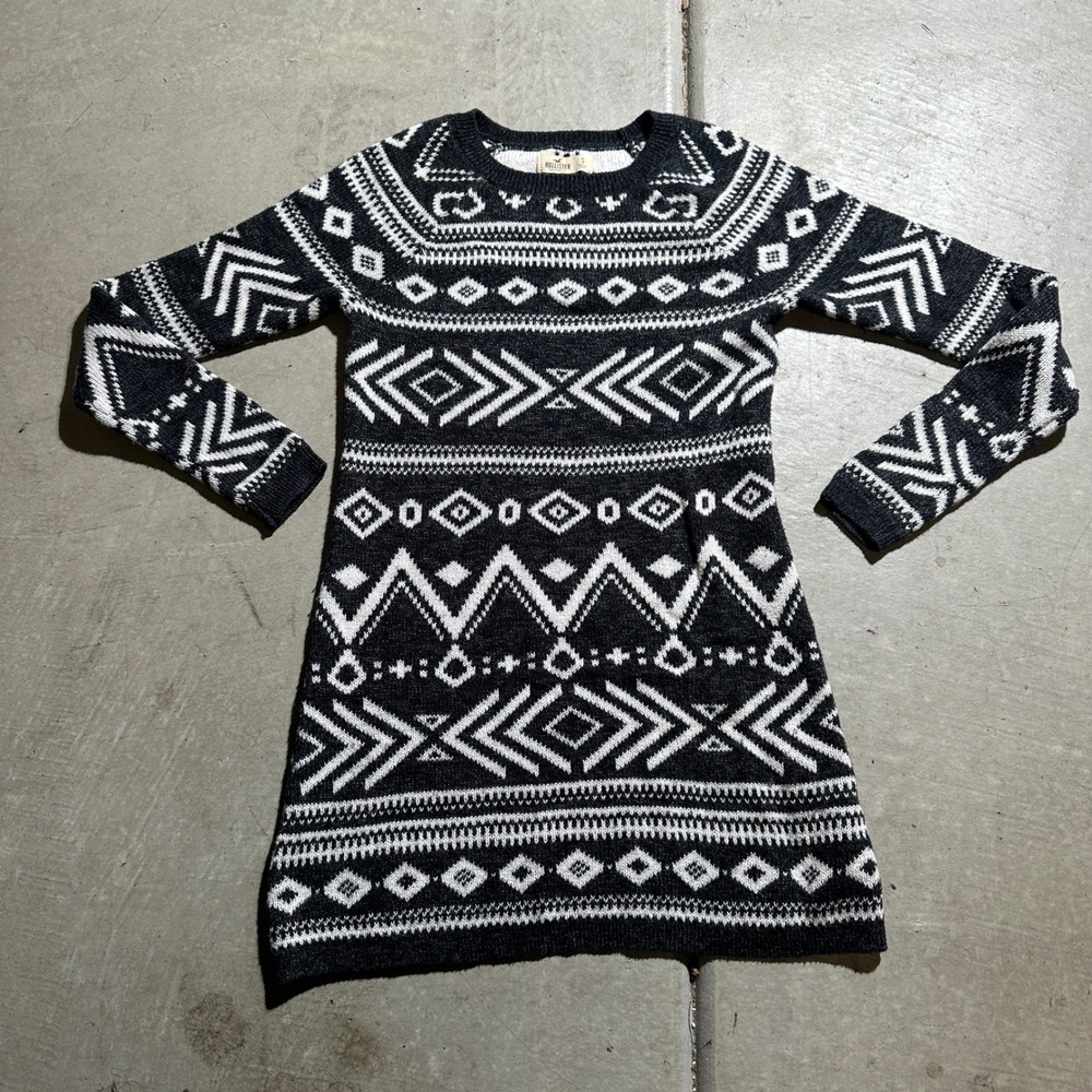 Hollister Geometric Tribal Fair Isle Sweater Dress Womens Small Black White Knit